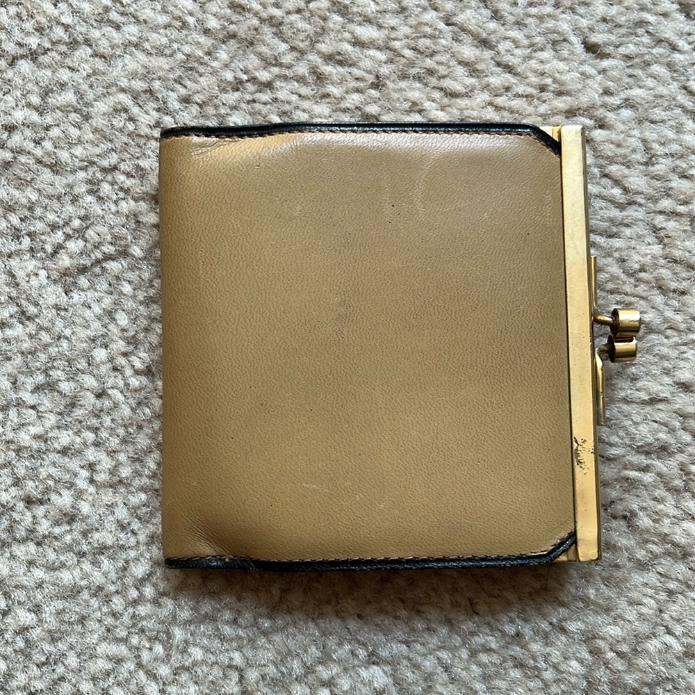 Vintage Holt Renfrew Tan Leather Wallet with Gold Hardware and Black Trim